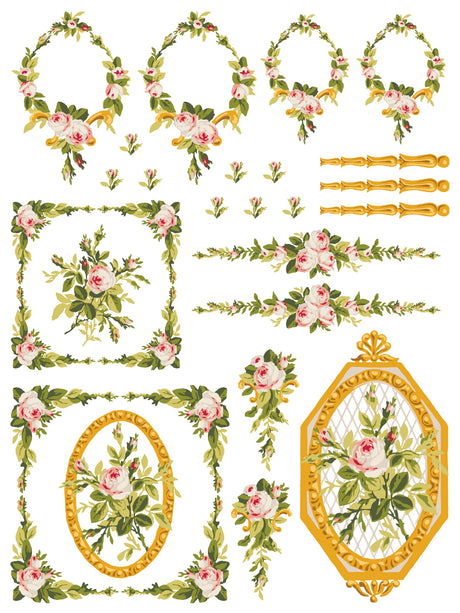 Petite Fleur Pink Paint Inlay by IOD, Limited Release, featuring floral wreaths, borders, ornaments, gold accents.