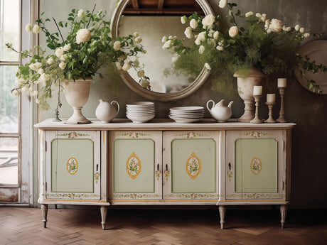 Vintage sideboard with florals, white dishes, vases, candles, and IOD Petite Fleur Pink Paint Inlay under round mirror.