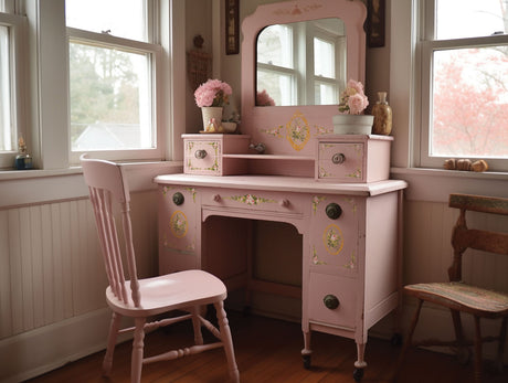 Vintage pink vanity with I.O.D. Petite Fleur Pink Paint Inlay.