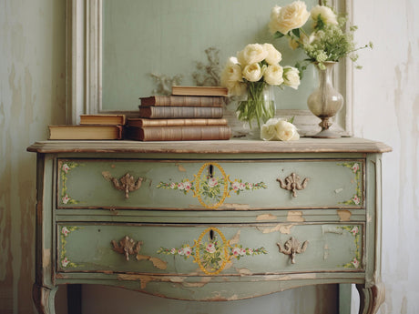 Vintage dresser with stacked books, white roses, and Petite Fleur Pink Paint Inlay accents by IOD.