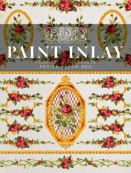 Red roses and gold frames pattern on white using I.O.D. Petite Fleur Red Paint Inlay.