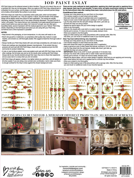 Instruction sheet for I.O.D. Petite Fleur Red Paint Inlay (Limited Release) with tips and furniture application examples.
