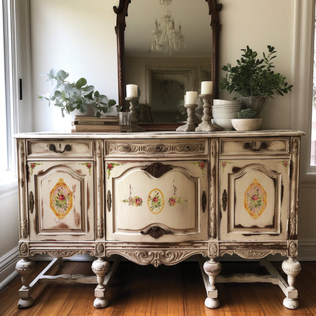 Vintage sideboard with floral details, decorated using I.O.D. Petite Fleur Red Paint Inlay, shown on wood floors.