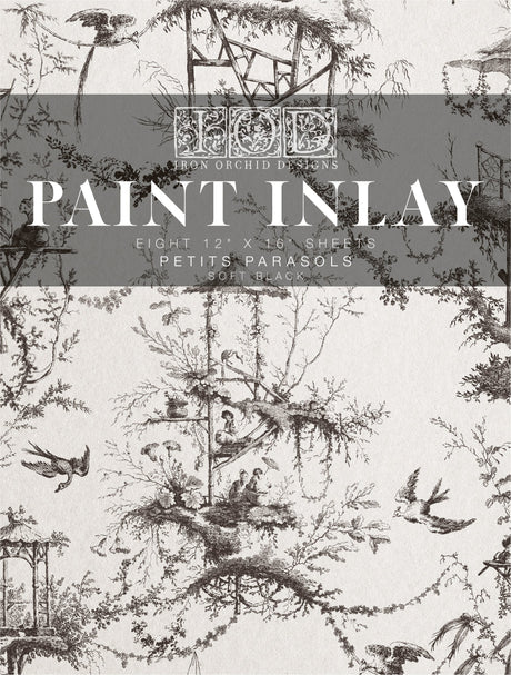 Black and white birds and foliage with centered text: Petits Parasols Black Paint Inlay by I.O.D. and Iron Orchid Designs.