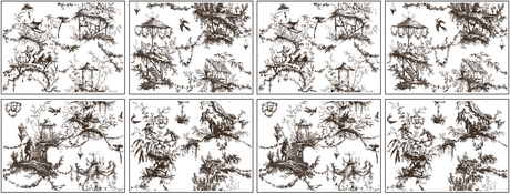 Eight panels with birds and gazebos feature Petits Parasols Black Paint Inlay by I.O.D. in black and white.
