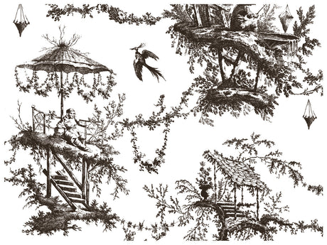 Man under canopy in garden, styled like an I.O.D. Petits Parasols Black Paint Inlay with birds and trees.