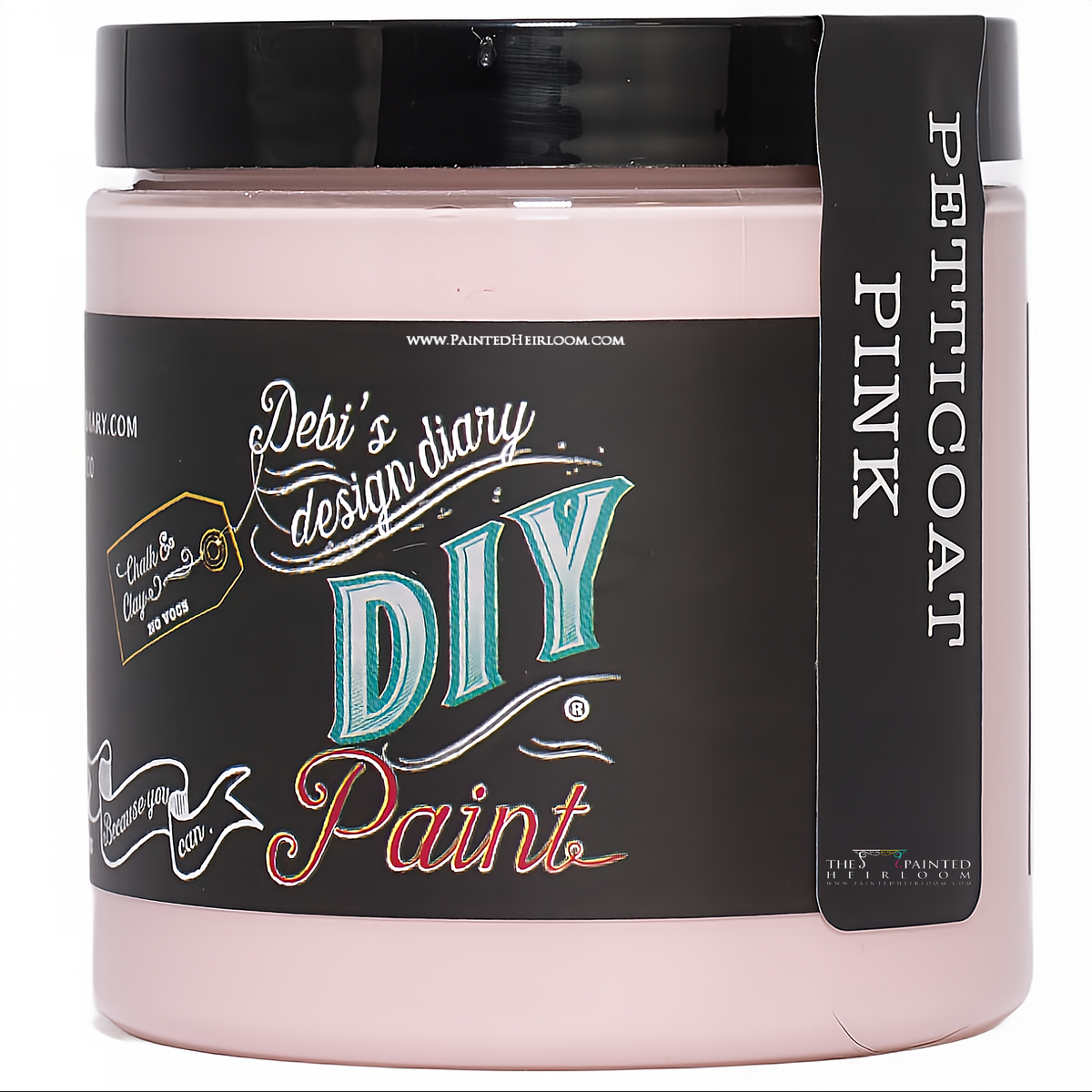 DIY Paint Co. Petticoat Pink clay and chalk paint jar with colorful label design.