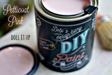 Open can of DIY Paint Co. Petticoat Pink DIY Paint with lid and brush; product label visible.