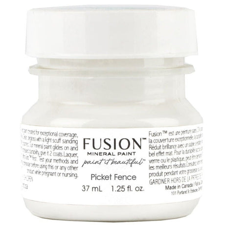 Fusion Mineral Paint 37 mL jar in Picket Fence (pure white) with product label visible.
