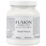 500mL jar of Fusion Mineral Paint Picket Fence with black text on a white label.