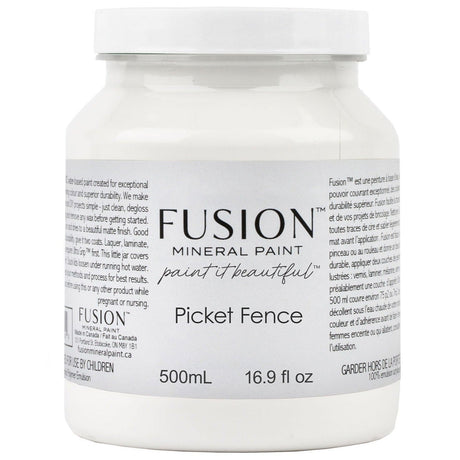 500mL jar of Fusion Mineral Paint Picket Fence with black text on a white label.