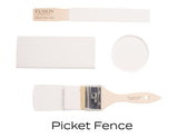 Paintbrush with Fusion Mineral Paint in Picket Fence, paint swatch, open can, and Picket Fence label displayed.