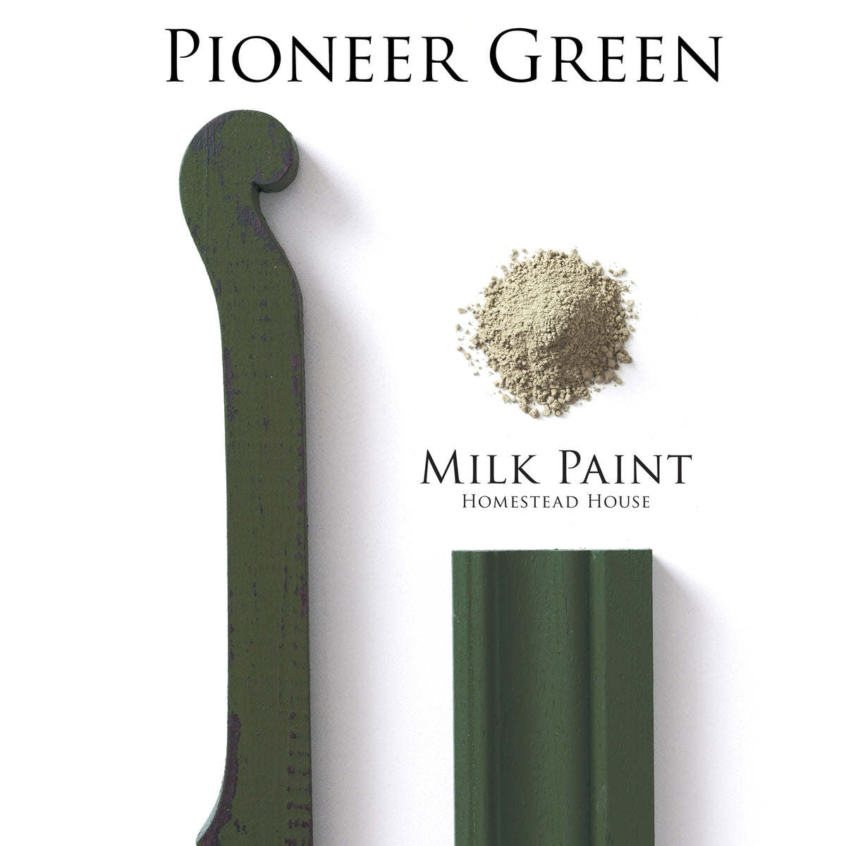 Green-painted wood beside Pioneer Green Milk Paint by Homestead House on a plain white background.