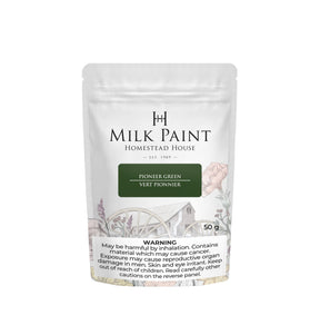 50g pouch of Pioneer Green Milk Paint by Homestead House with health warning visible on front label.