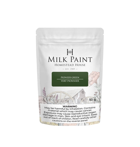 50g pouch of Pioneer Green Milk Paint by Homestead House with health warning visible on front label.