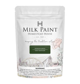 Homestead House Pioneer Green Milk Paint 330g bag with flower and wagon wheel graphics, safety warnings on packaging.