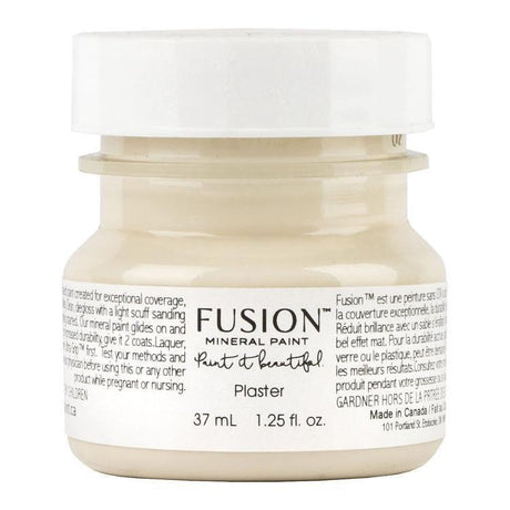 1.25 fl. oz Plaster Fusion Mineral Paint jar, all-in-one acrylic, matte finish, white lid.