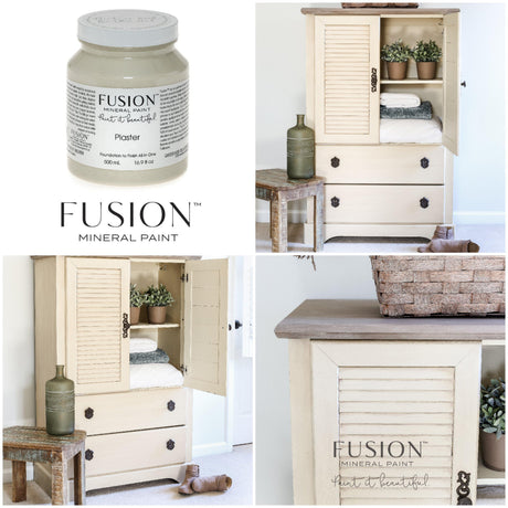 Collage of Plaster Fusion Mineral Paint jar, Fusion logo, and cream cabinet showcasing matte paint.