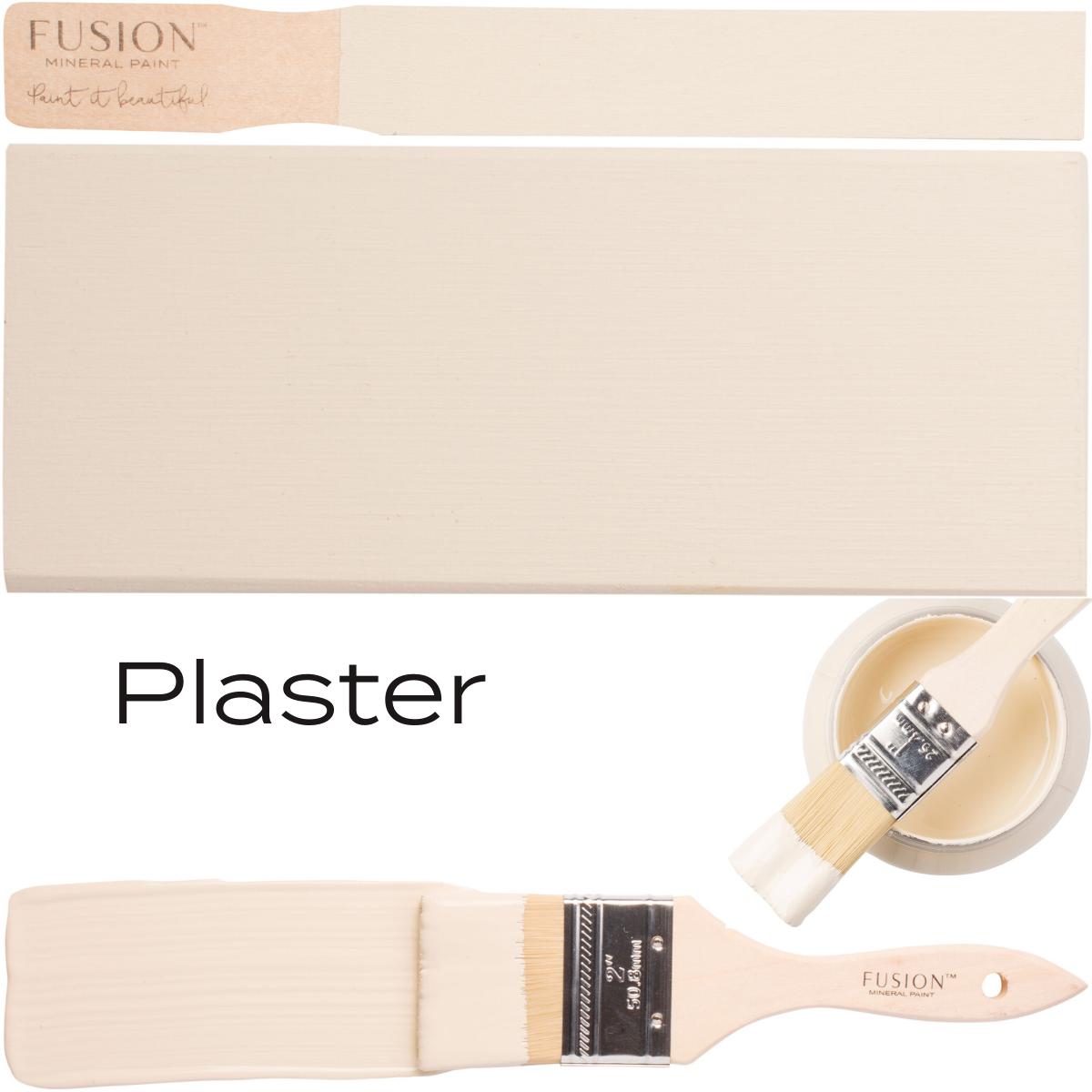 Paintbrush with Plaster Fusion Mineral Paint, paint swatch, can, and label on white background.