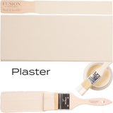 Paintbrush with Plaster Fusion Mineral Paint, paint swatch, can, and label on white background.