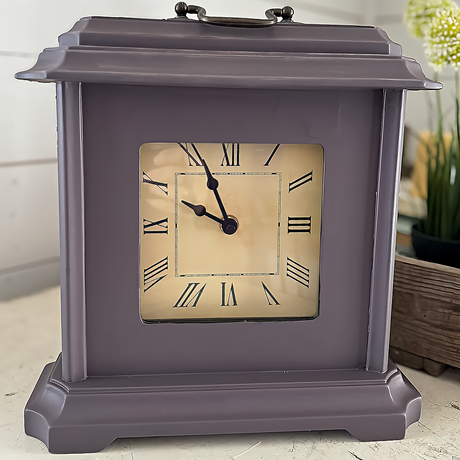Square vintage clock painted Plum Pudding by DIY Paint Co., time displayed is 10:54.