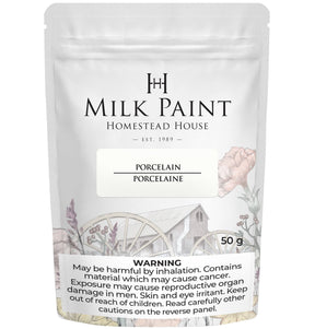Homestead House Porcelain Milk Paint 50g bag with warning label at the bottom of the package.