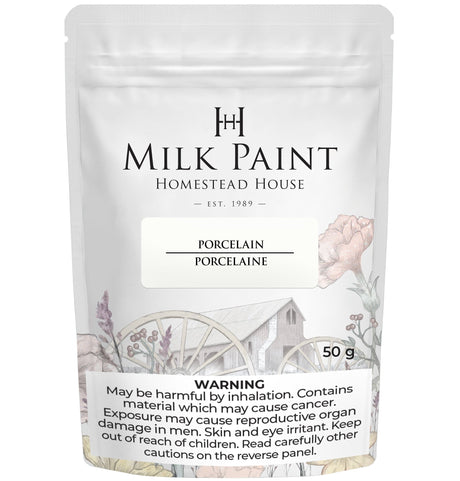 Homestead House Porcelain Milk Paint 50g bag with warning label at the bottom of the package.