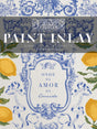 Portofino Paint Inlay by I.O.D., blue, white, and lemon motif with text: ONDE HÁ AMOR HÁ COMIDA.