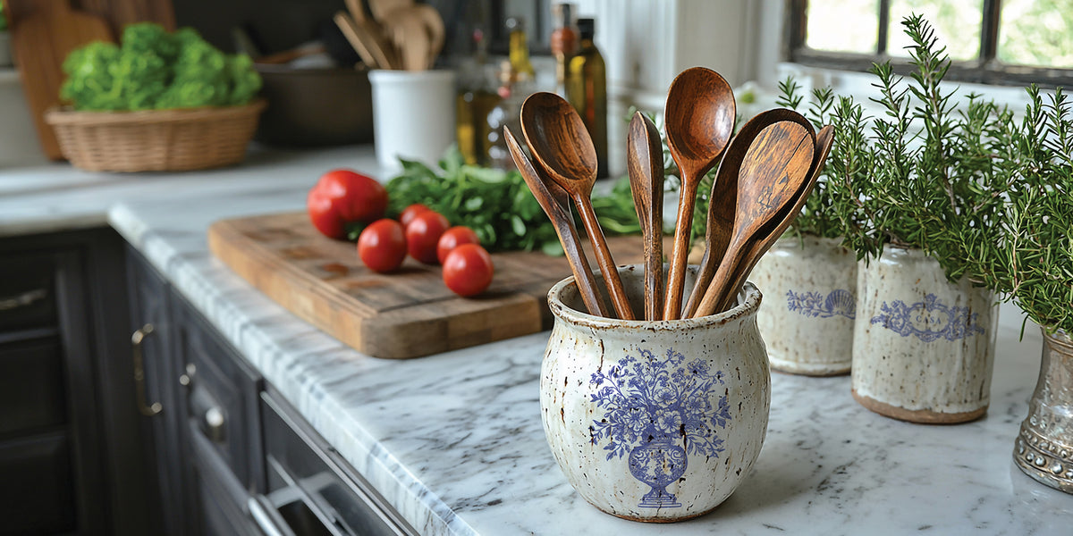 Portofino Paint Inlay by I.O.D. with herbs and tomatoes beside a ceramic jar holding wooden spoons on marble.