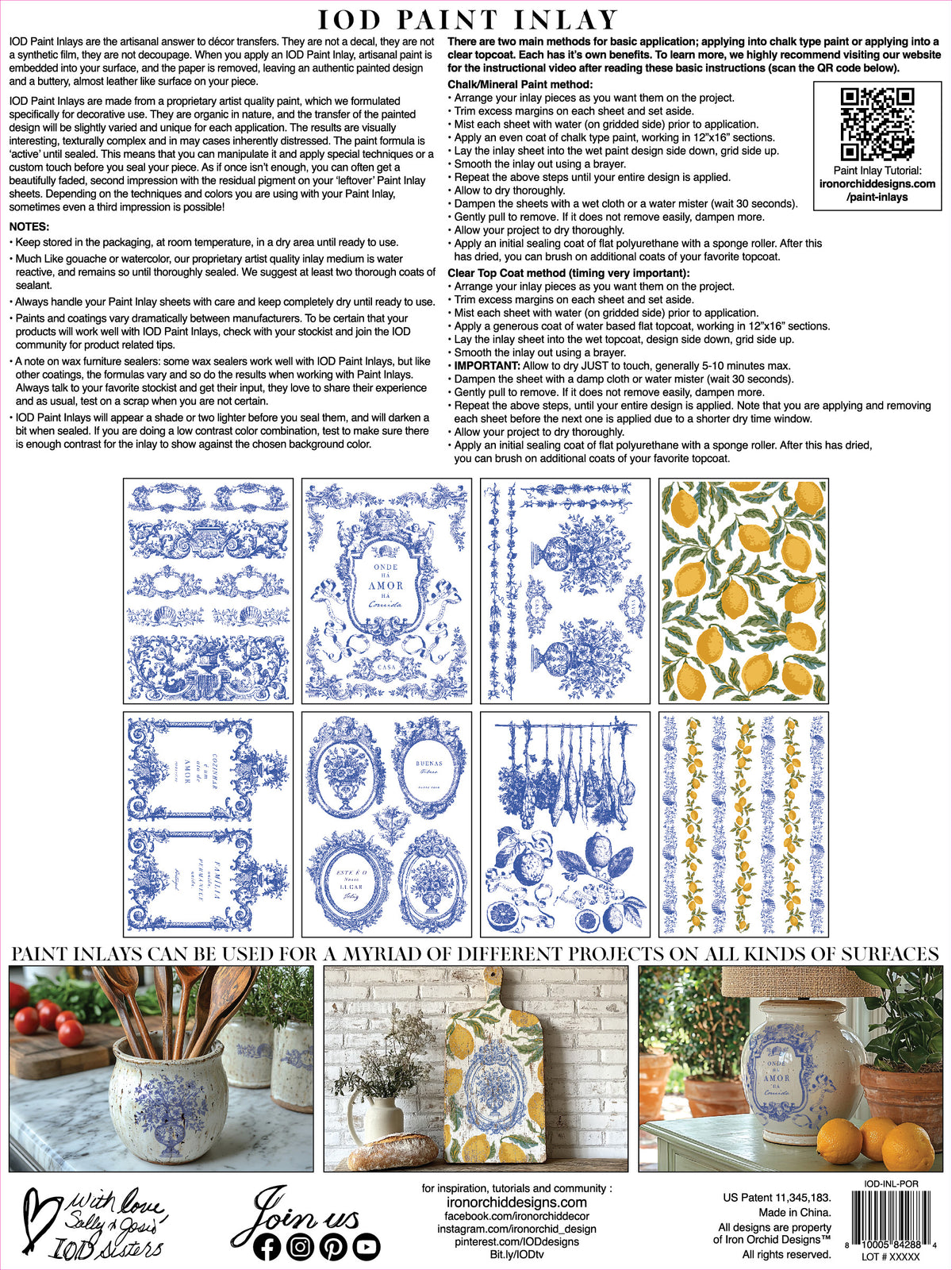 I.O.D. Portofino Paint Inlay flyer with blue/yellow examples, step-by-step instructions, and decor tips.