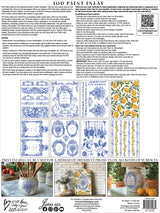 I.O.D. Portofino Paint Inlay flyer with blue/yellow examples, step-by-step instructions, and decor tips.