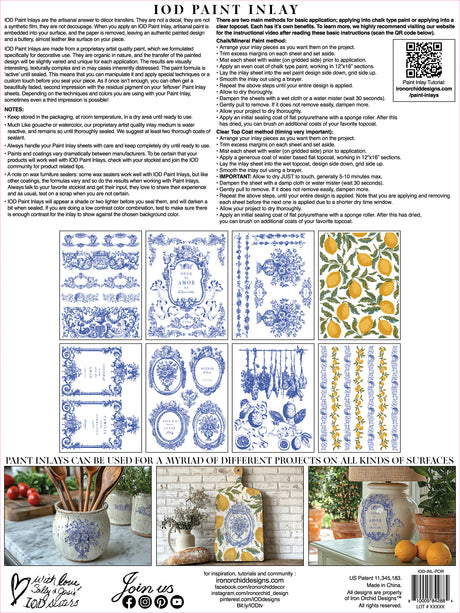 I.O.D. Portofino Paint Inlay flyer with blue/yellow examples, step-by-step instructions, and decor tips.