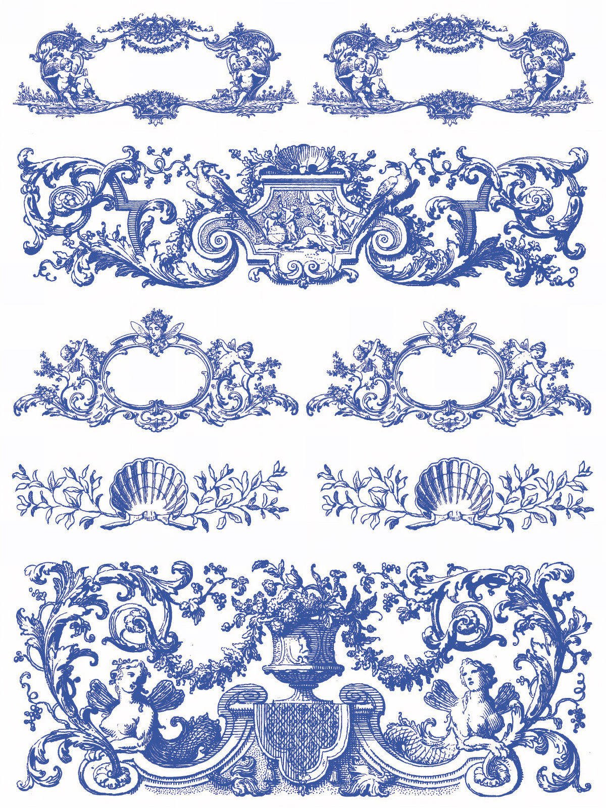Six blue ornate frames with floral and cherub motifs from IOD Portofino Paint Inlay, European style set of six.