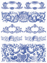 Six blue ornate frames with floral and cherub motifs from IOD Portofino Paint Inlay, European style set of six.