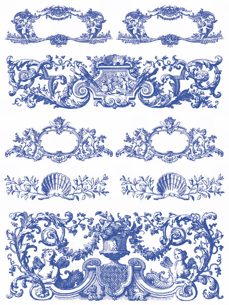 Six blue ornate frames with floral and cherub motifs from IOD Portofino Paint Inlay, European style set of six.