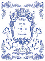 Portofino Paint Inlay by I.O.D., blue and white cherub tile with florals, Portuguese text: Onde há amor há comida.