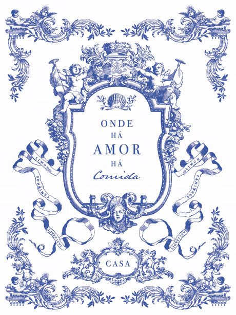 Portofino Paint Inlay by I.O.D., blue and white cherub tile with florals, Portuguese text: Onde há amor há comida.