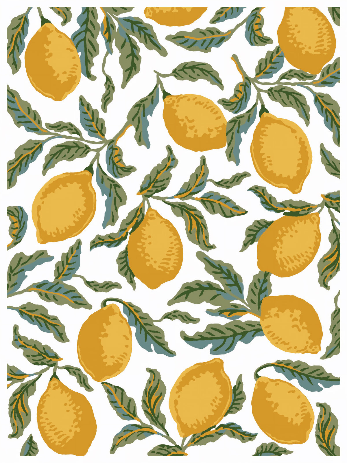 Portofino Paint Inlay by I.O.D. with yellow lemons and green leaves in a European-style pattern on white.