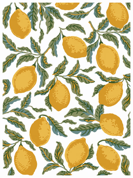 Portofino Paint Inlay by I.O.D. with yellow lemons and green leaves in a European-style pattern on white.