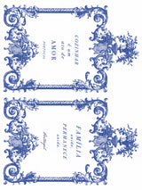 Portofino Paint Inlay by IOD featuring European blue tile-style frames with Portuguese text, Iron Orchid Designs.