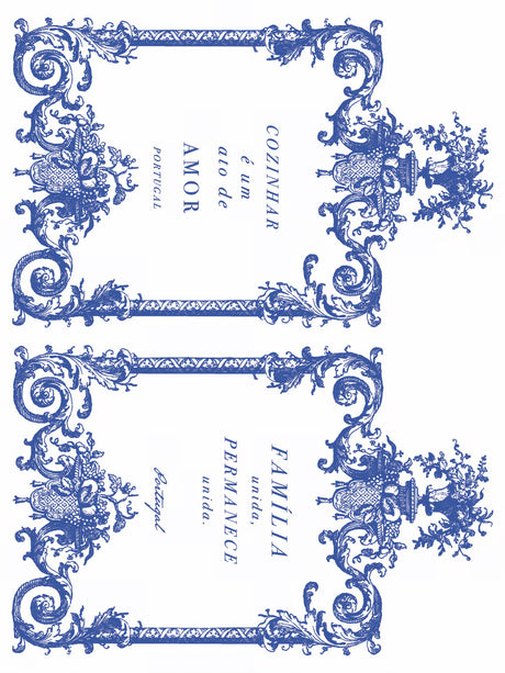 Portofino Paint Inlay by IOD featuring European blue tile-style frames with Portuguese text, Iron Orchid Designs.