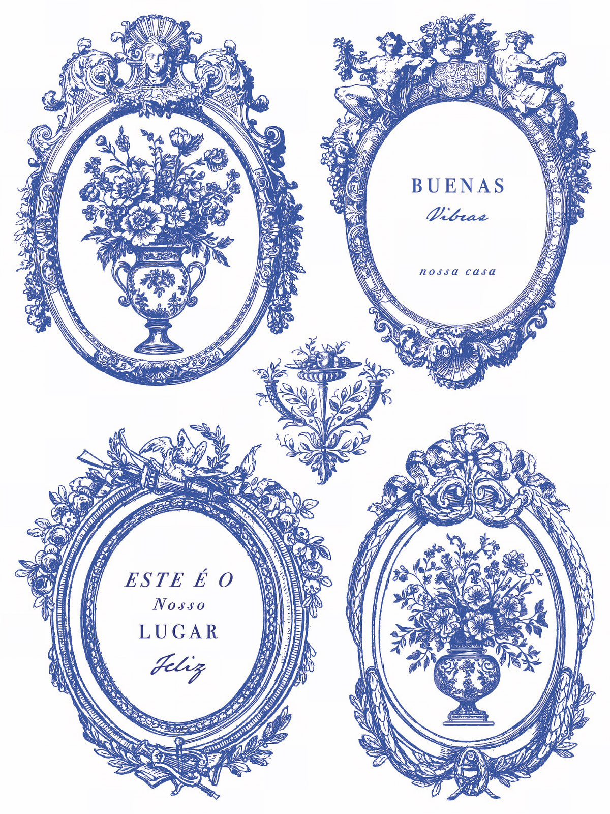 Portofino Paint Inlay by IOD featuring four ornate blue floral frames with phrases and vases.