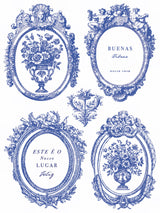 Portofino Paint Inlay by IOD featuring four ornate blue floral frames with phrases and vases.