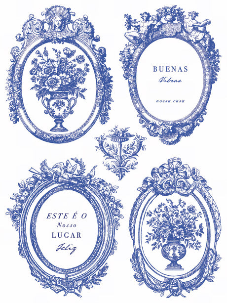 Portofino Paint Inlay by IOD featuring four ornate blue floral frames with phrases and vases.