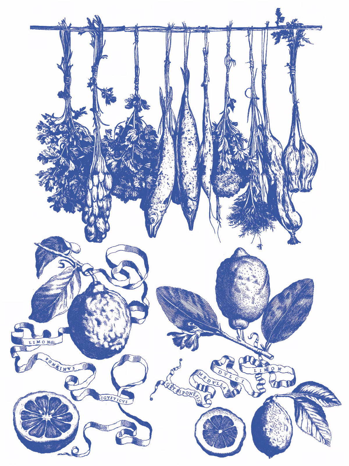 Herbs and fish hang above lemons with Portofino Paint Inlay by IOD’s azulejo tile pattern in the background.