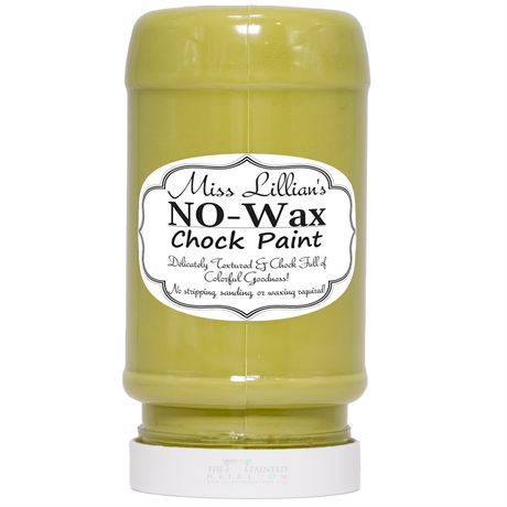 Miss Lillian’s Posh by Gosh No-Wax Chock Paint jar in yellow-green for furniture restoration.