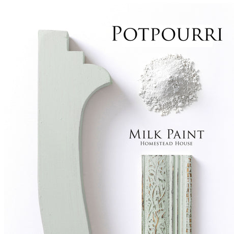 PotPourri Milk Paint by Homestead House in light green with bonding agent and white powder for trim.
