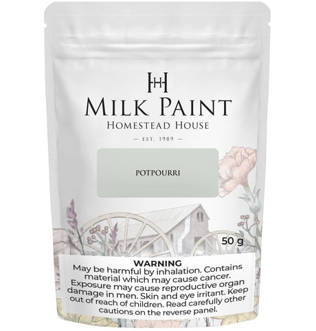 50g PotPourri Milk Paint by Homestead House with bonding tips and health warnings on the package bottom.