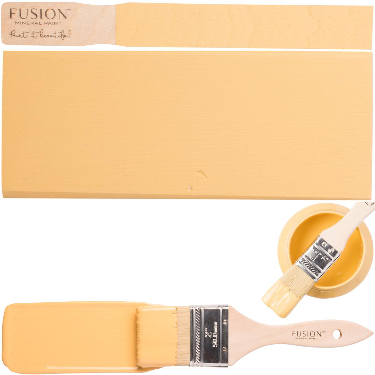 Prairie Sunset Fusion Mineral Paint with brush, painted sample board, and open paint container on white background.