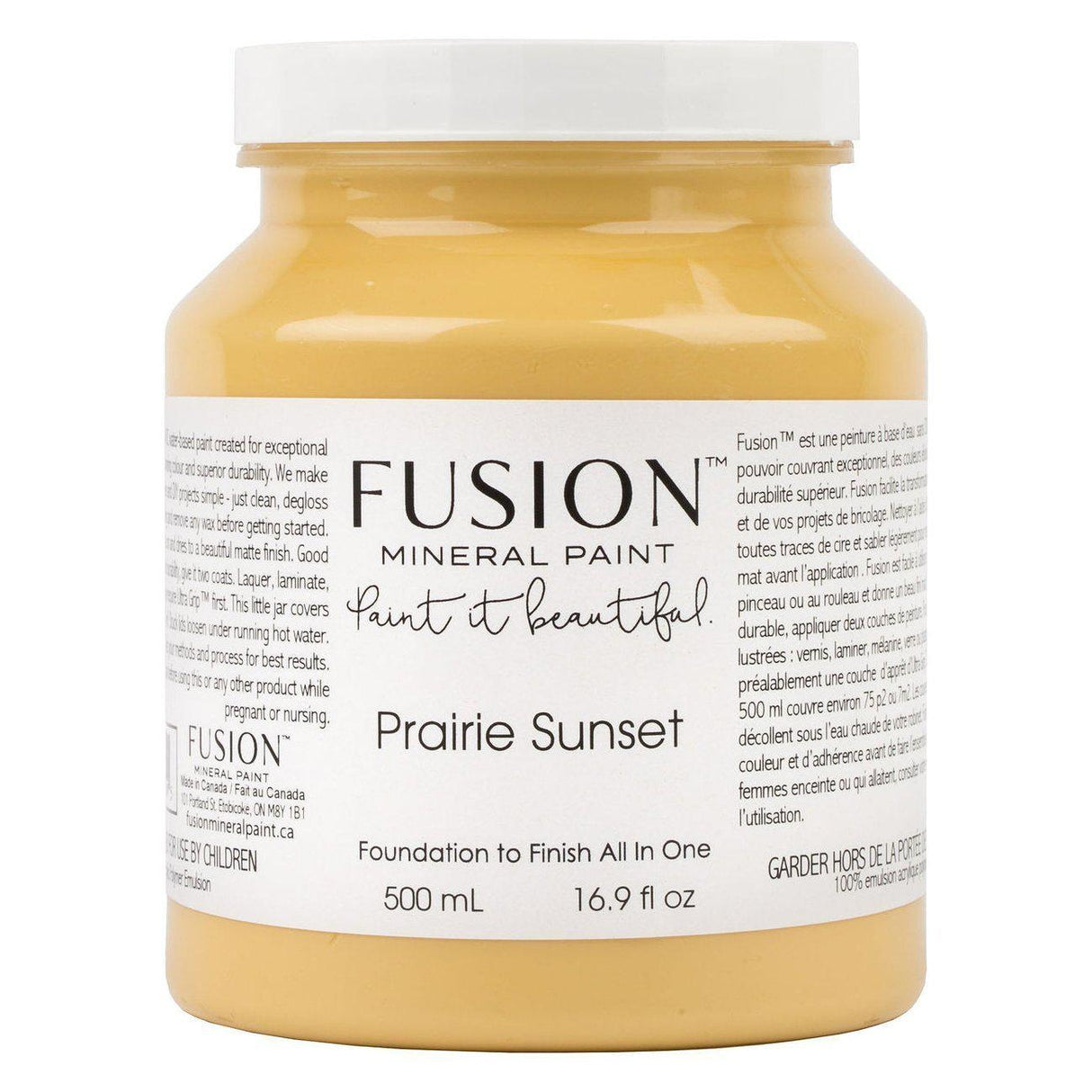 Prairie Sunset Fusion Mineral Paint, 500 mL jar, matte finish with English and French labeling.